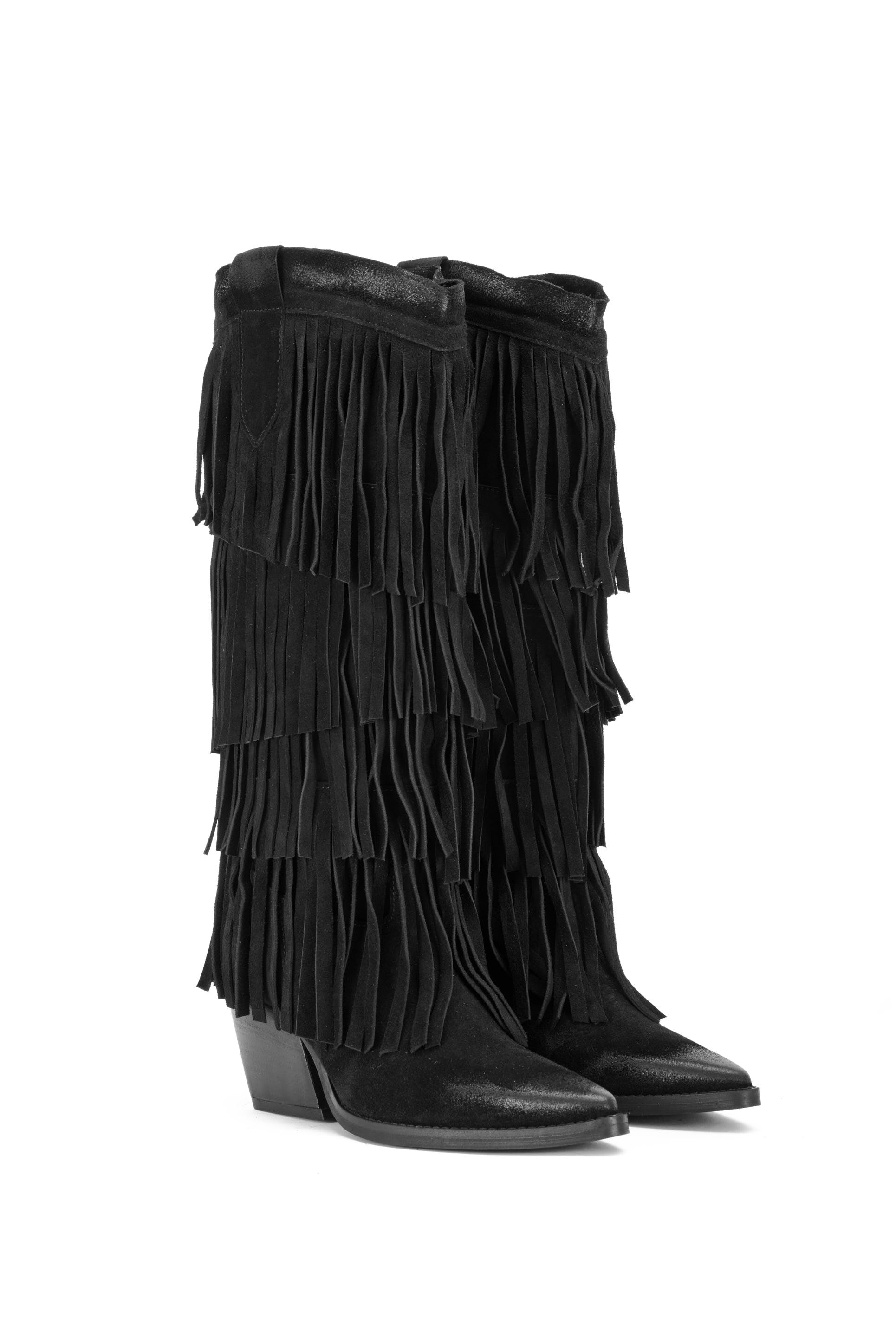 BOTTES WESTERN EN DAIM NOIR AVEC FRANGES