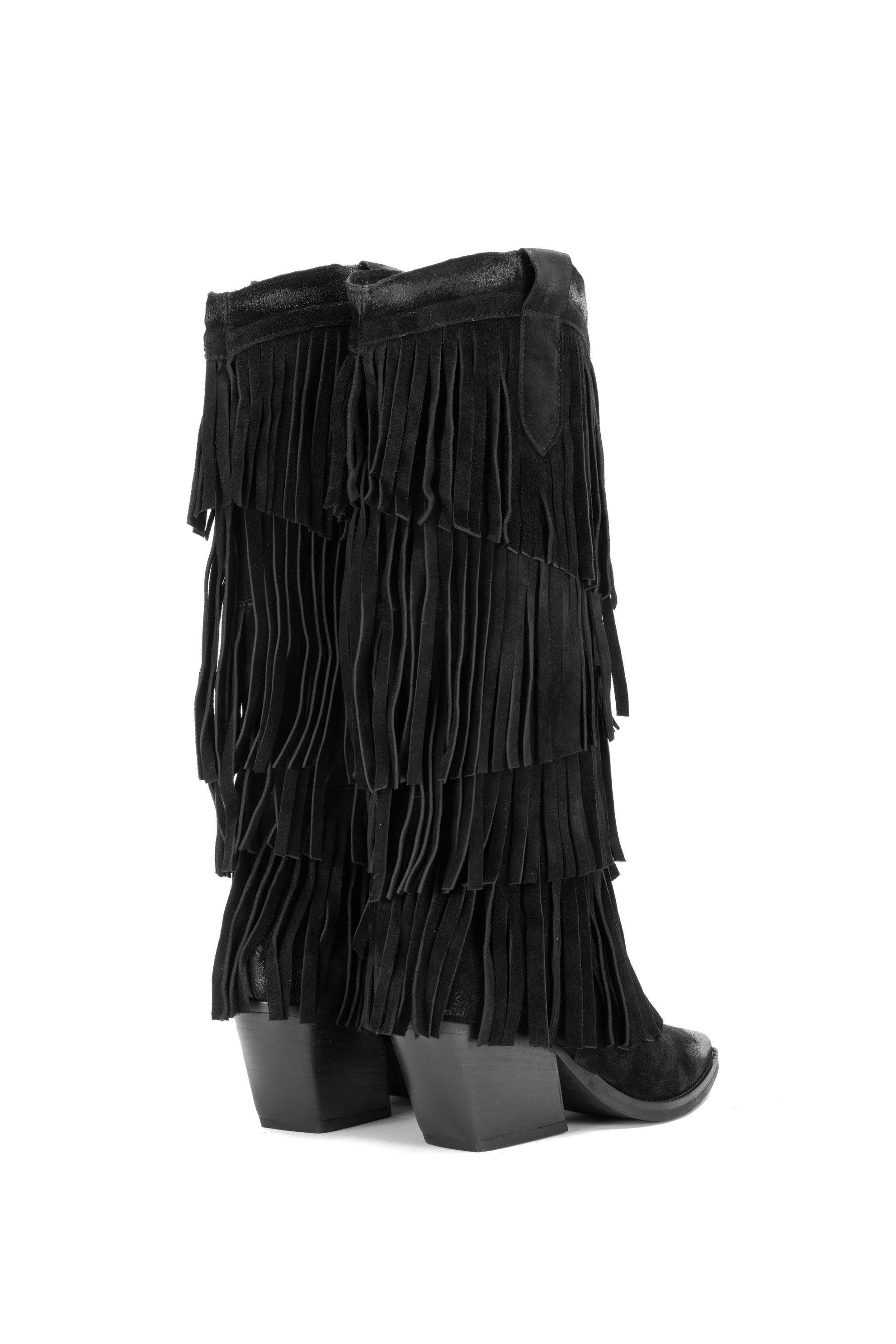BOTTES WESTERN EN DAIM NOIR AVEC FRANGES