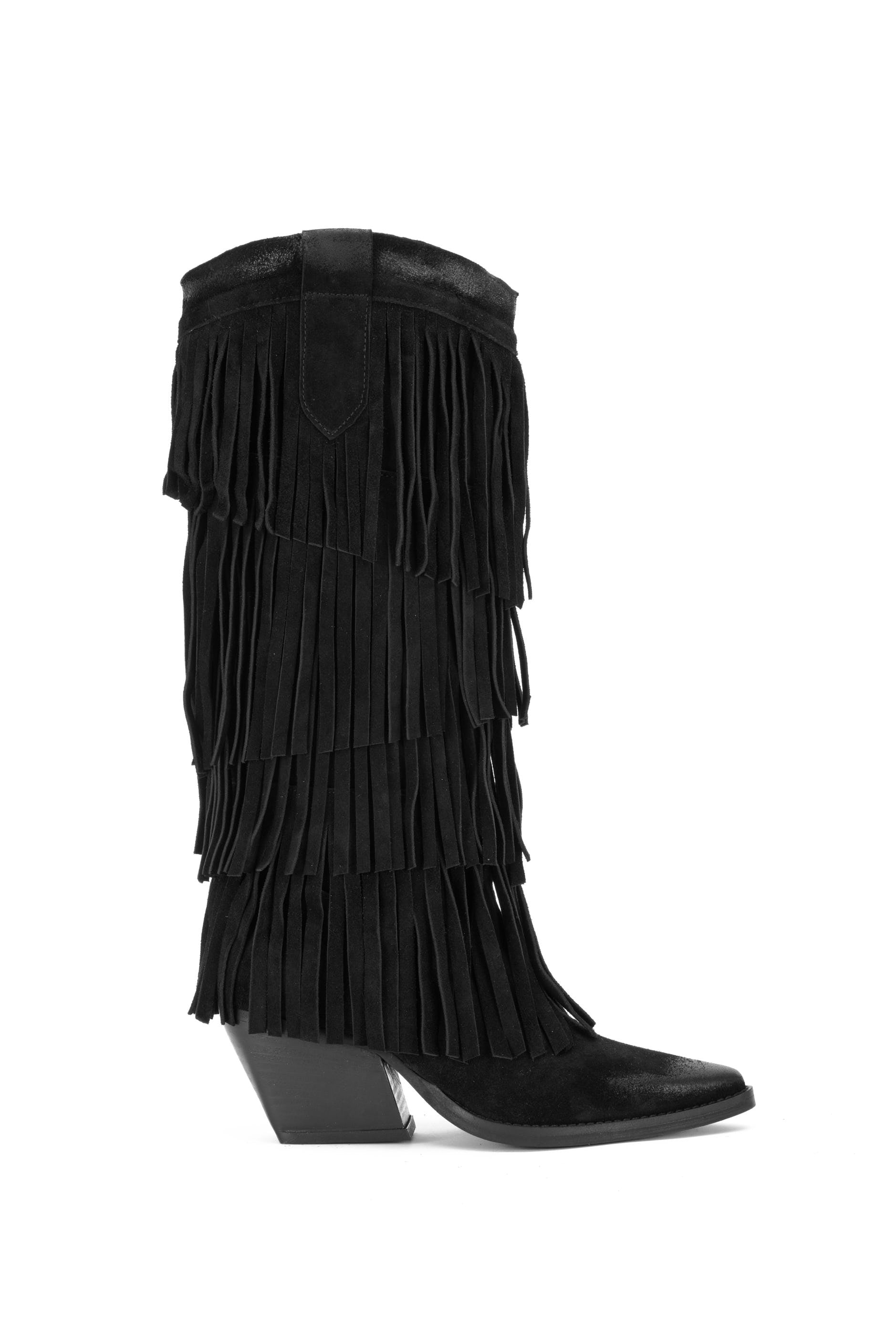BOTTES WESTERN EN DAIM NOIR AVEC FRANGES