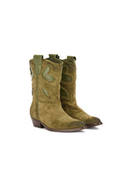 STIVALETTI TEXANI IN CAMISCIO CON RIPORTO IN PELLE CON RICAMO