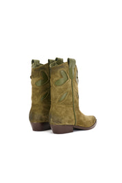 STIVALETTI TEXANI IN CAMISCIO CON RIPORTO IN PELLE CON RICAMO